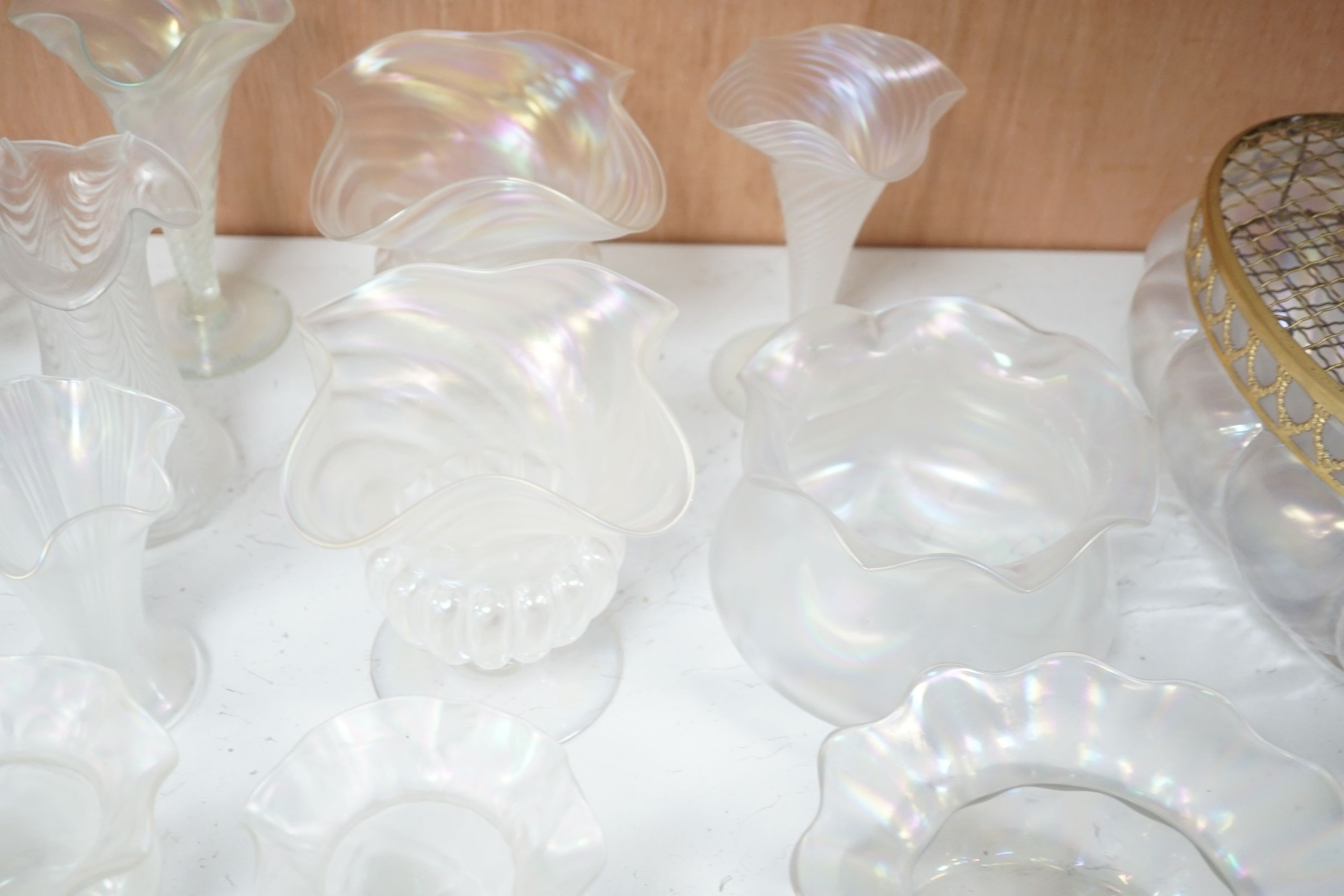 A collection of early 20th century iridescent glass vases, tallest 16.5cm high
